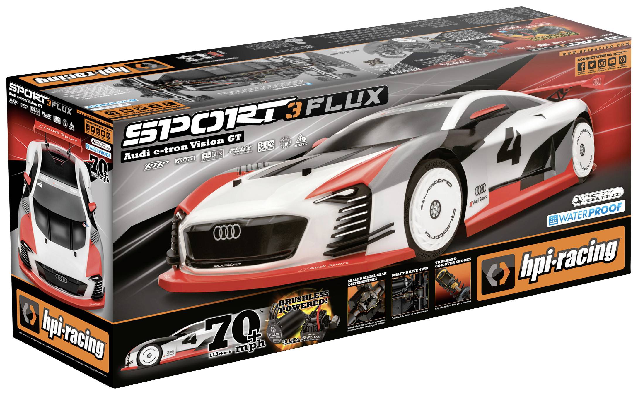 Modellauto-Verpackung eines Audi e-tron Vision GT von hpi-racing, ein ferngesteuertes Auto mit roten und weißen Akzenten.