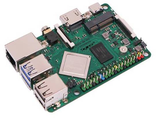 Eine grüne Einplatinencomputer-Platine mit mehreren USB-Anschlüssen, HDMI-Ausgang und anderen elektronischen Komponenten.