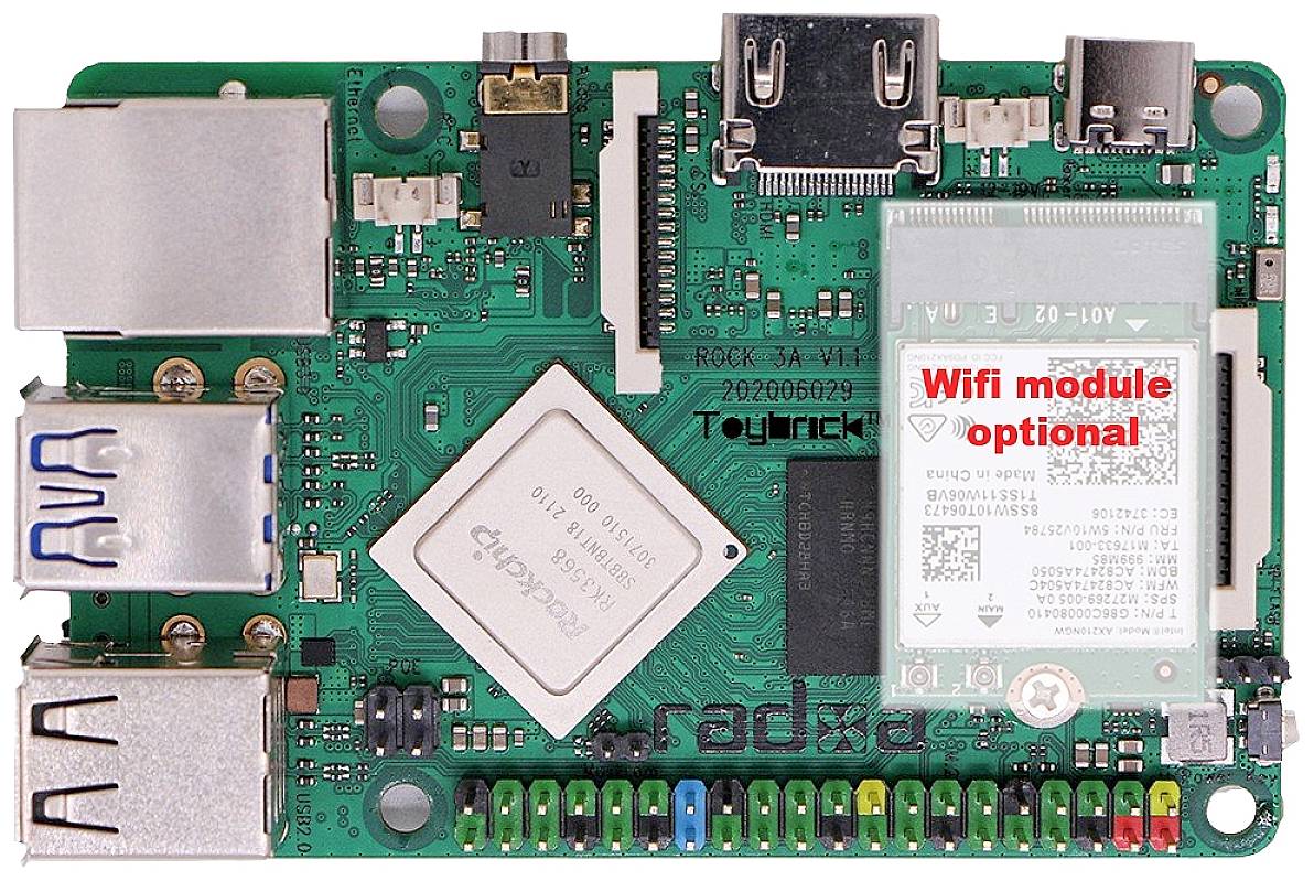 Ein Mikrocontroller-Board mit mehreren USB-Anschlüssen und einem optionalen WLAN-Modul; darauf ist die Beschriftung 'Wifi module optional' zu sehen.