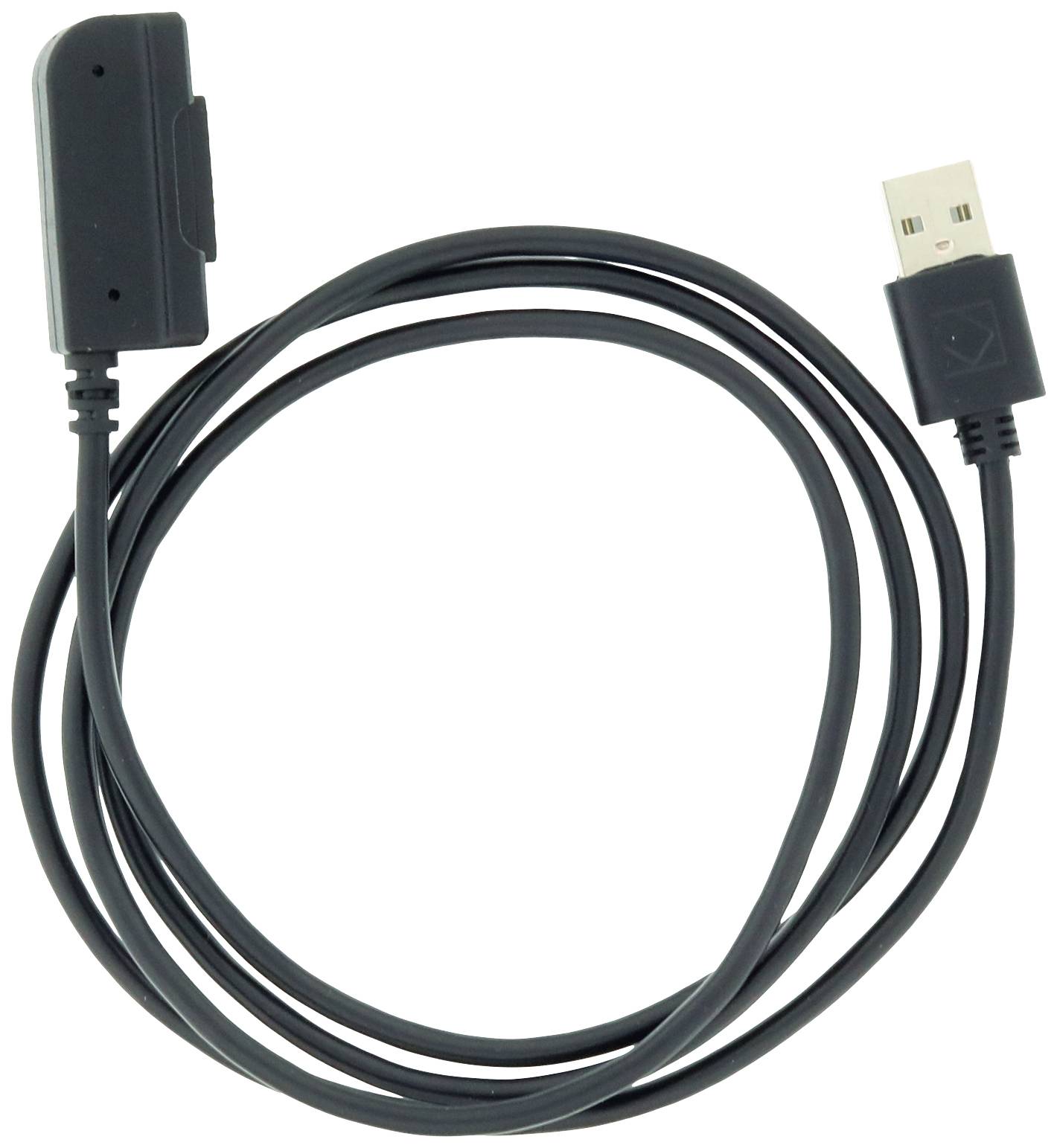 Ein schwarzes USB-Ladekabel mit einem rechteckigen Anschluss auf einer Seite und einem USB-A-Stecker auf der anderen.