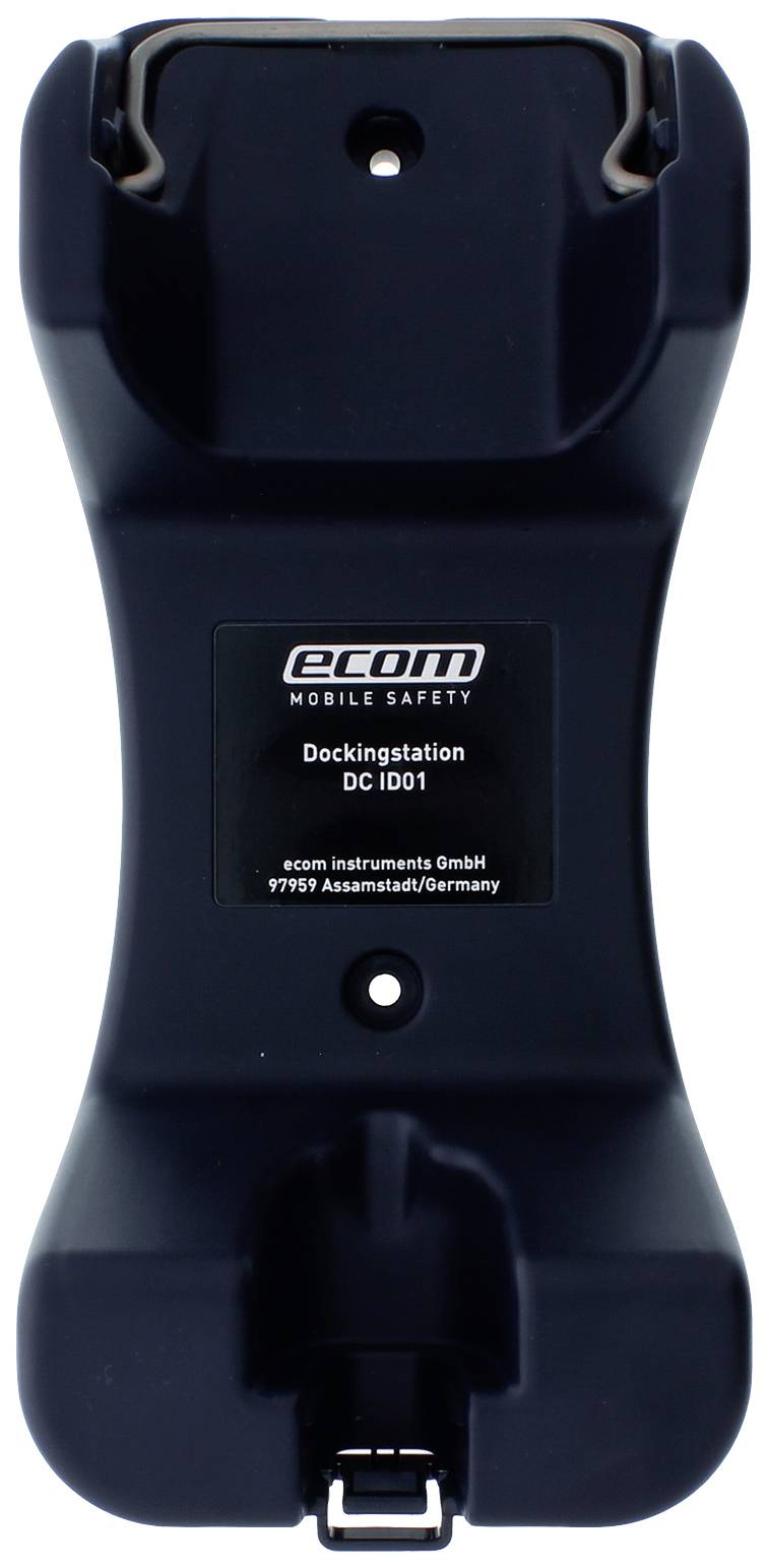 Handheld-Dockingstation mit 'ecom mobile safety'-Logo; dient zur sicheren Aufbewahrung und Verbindung von Geräten.