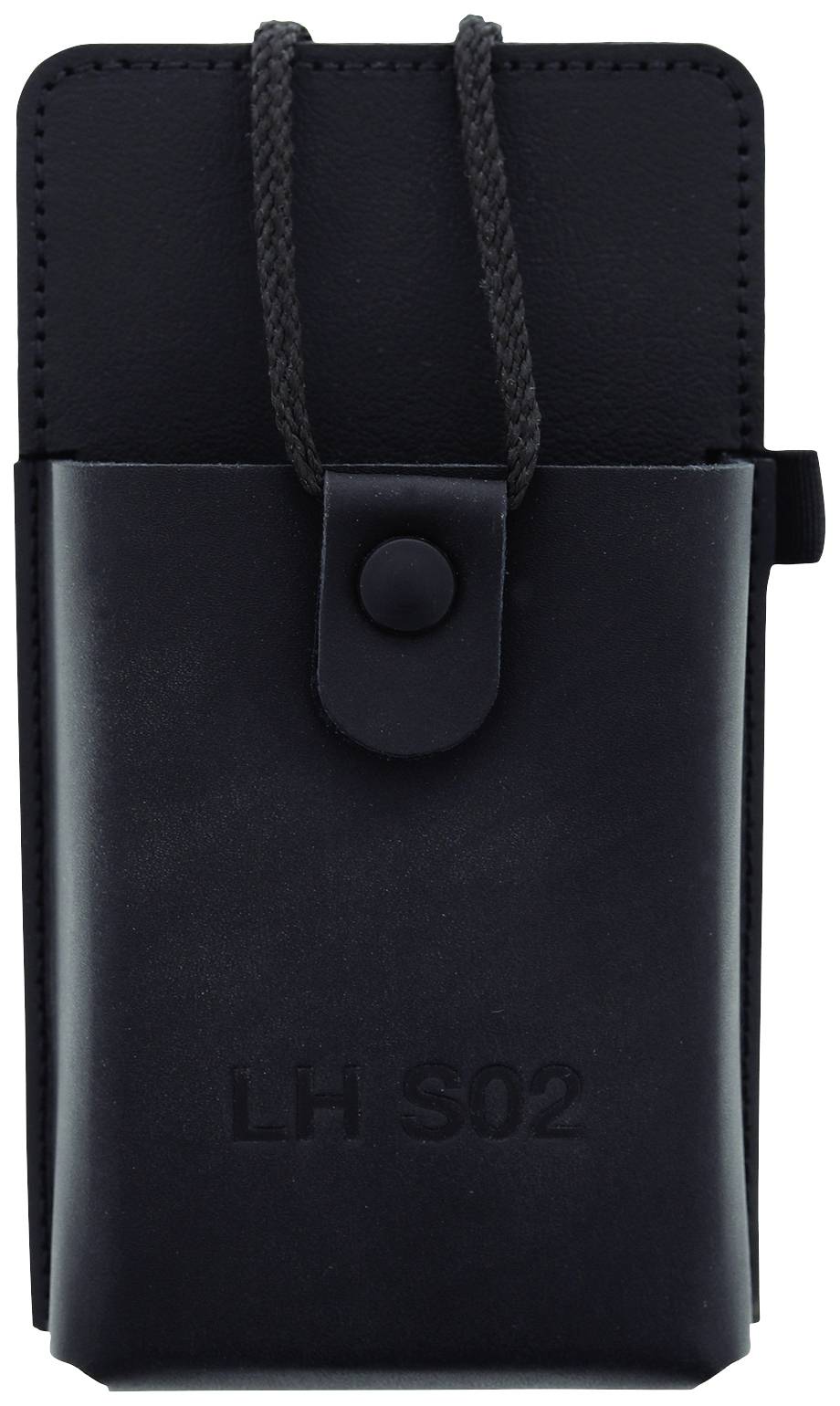 Schwarze Ledertasche mit geprägtem Logo 'LH S02', Kordelzugverschluss und Druckknopf. Geeignet für kleine elektronische Geräte.