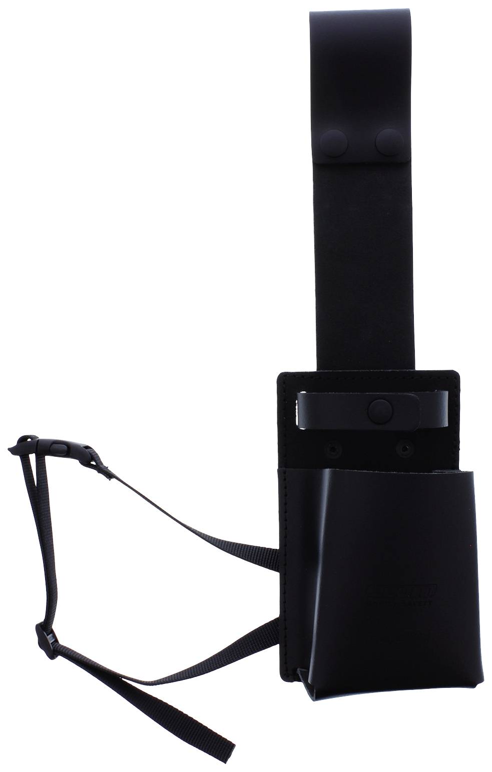 Schwarzes, modernes Holster mit verstellbaren Riemen und Druckknopfverschluss, geeignet für kleines Elektronikgerät oder Werkzeug.
