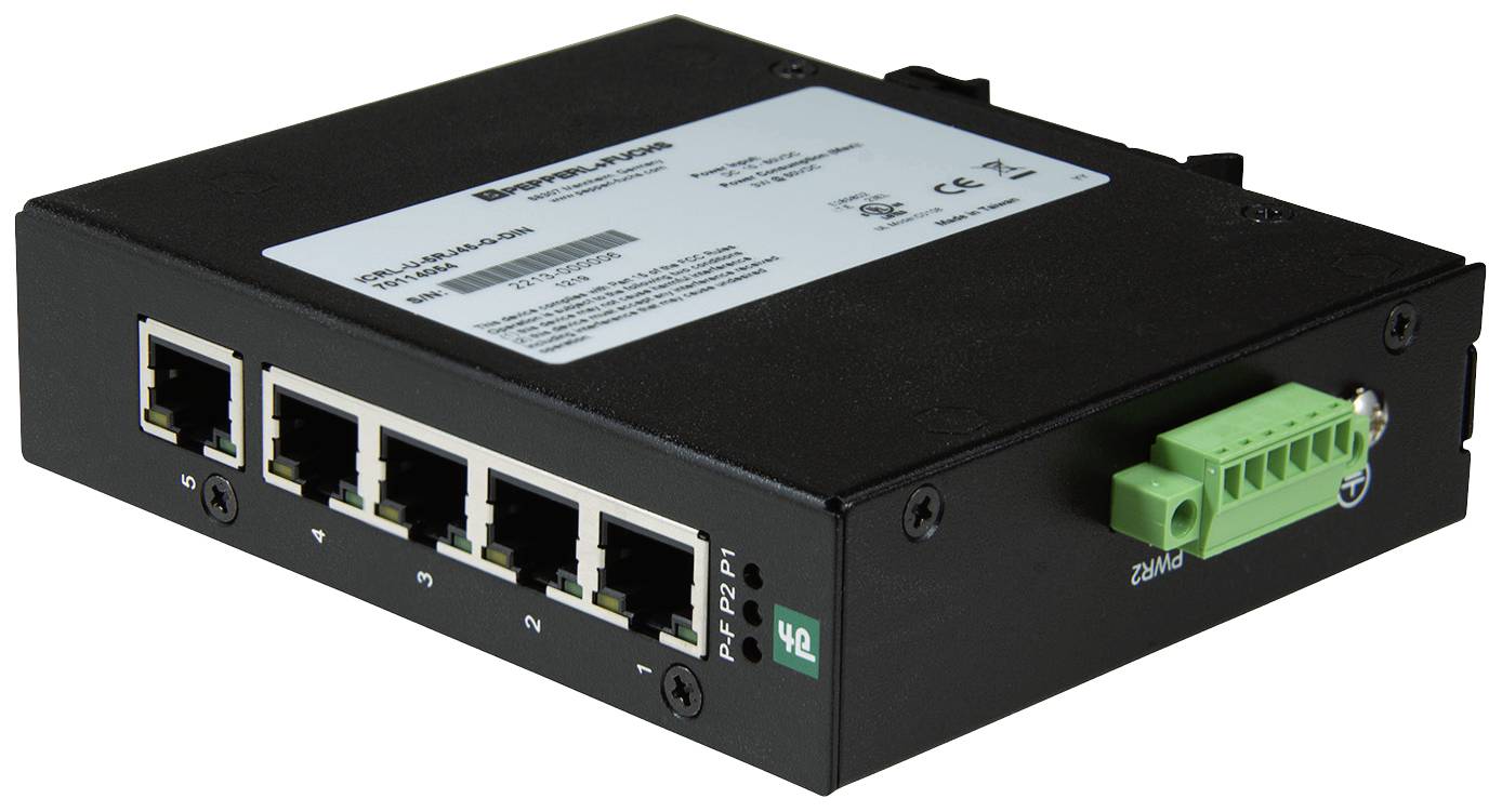 Schwarzer Ethernet-Switch mit fünf RJ45-Anschlüssen und einem grünen Terminalblock. Gerät zum Vernetzen von Computern in industriellen Anwendungen.