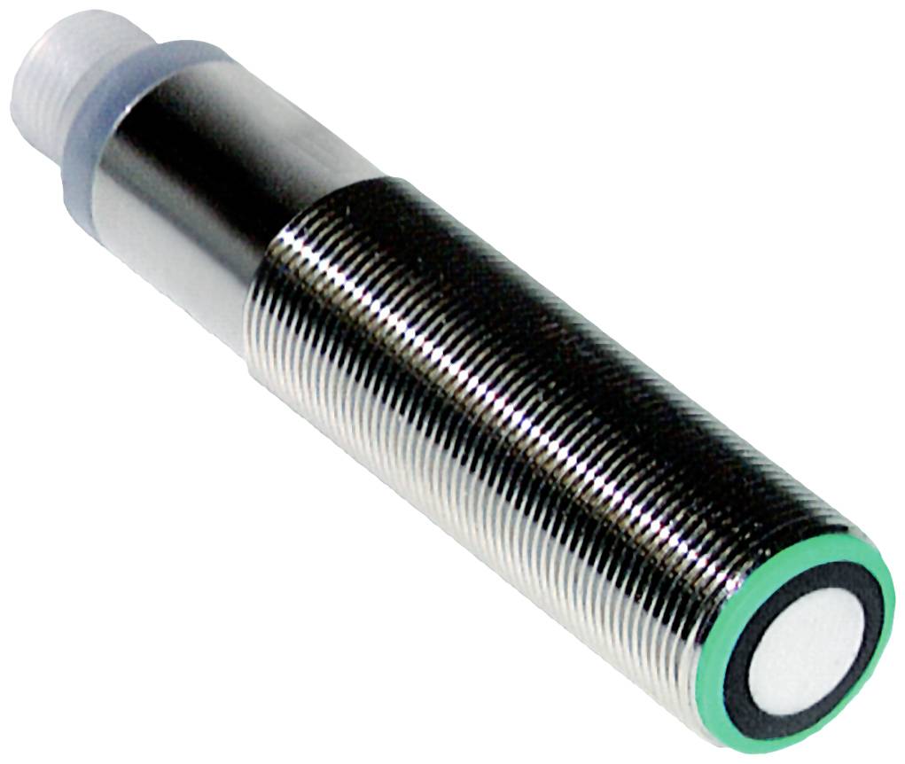 Zylindrischer Sensor mit metallischem Gehäuse und grünem Rand an der Spitze, wahrscheinlich ein Näherungssensor in silberner Farbe.