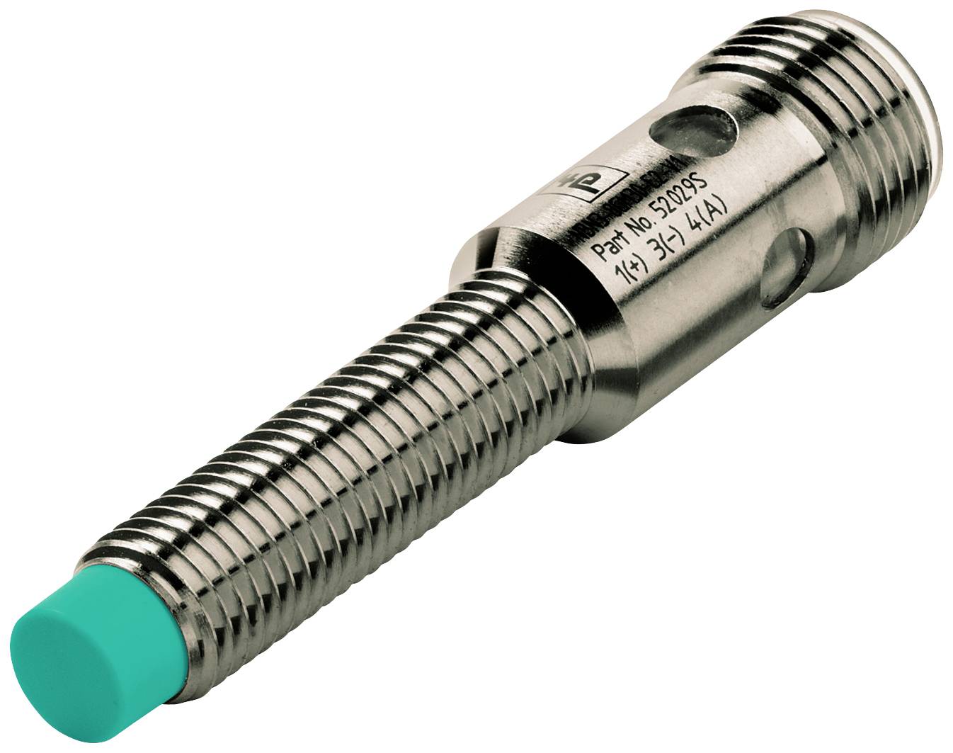 Ein zylindrischer, metallischer Sensor mit Gewinde und grünem Kopf, geeignet für technische Anwendungen in der Industrieautomation.