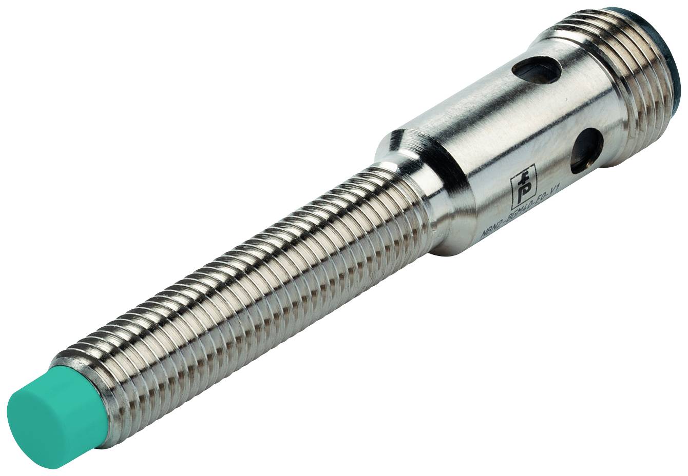 Ein zylindrischer Induktivsensor aus Metall mit geripptem Gehäuse und grünem Kunststoffkopf.