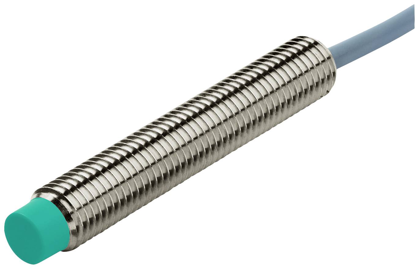 Ein zylindrischer, metallischer Sensor mit grüner Spitze und blauem Kabel. Häufig in der Automatisierungstechnik verwendet.
