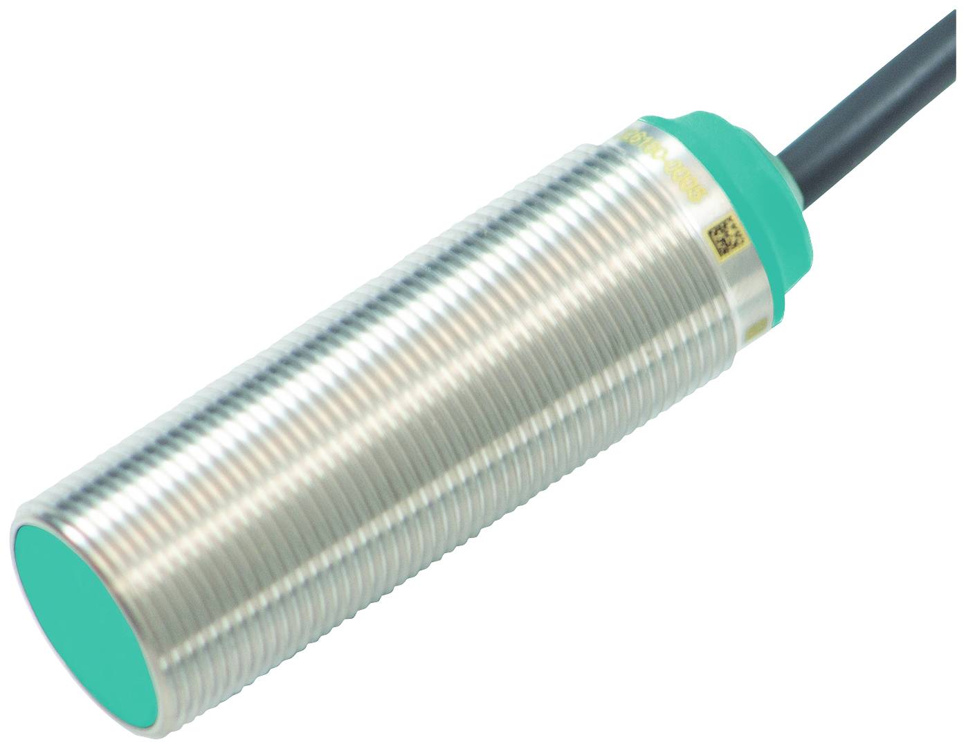 Zylindrischer, silberner Sensor mit grünem Kopf und schwarzem Kabel, geeignet für industrielle Anwendungen.