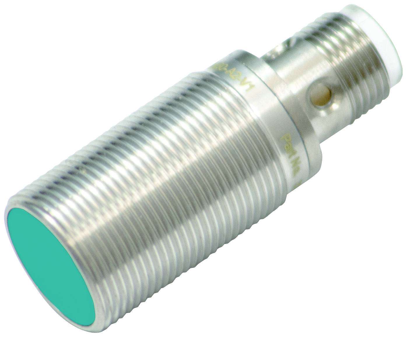 Metallsensor mit zylindrischem Gewindegehäuse und grünem Endstück, häufig in industriellen Anwendungen zur Objekterkennung verwendet.