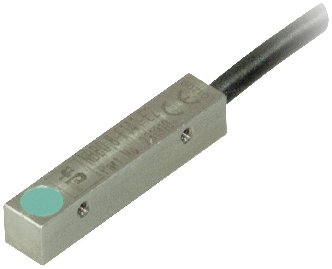 Ein rechteckiger Sensor mit einem grünen Punkt und einem schwarzen Kabel, geeignet für industrielle Anwendungen.