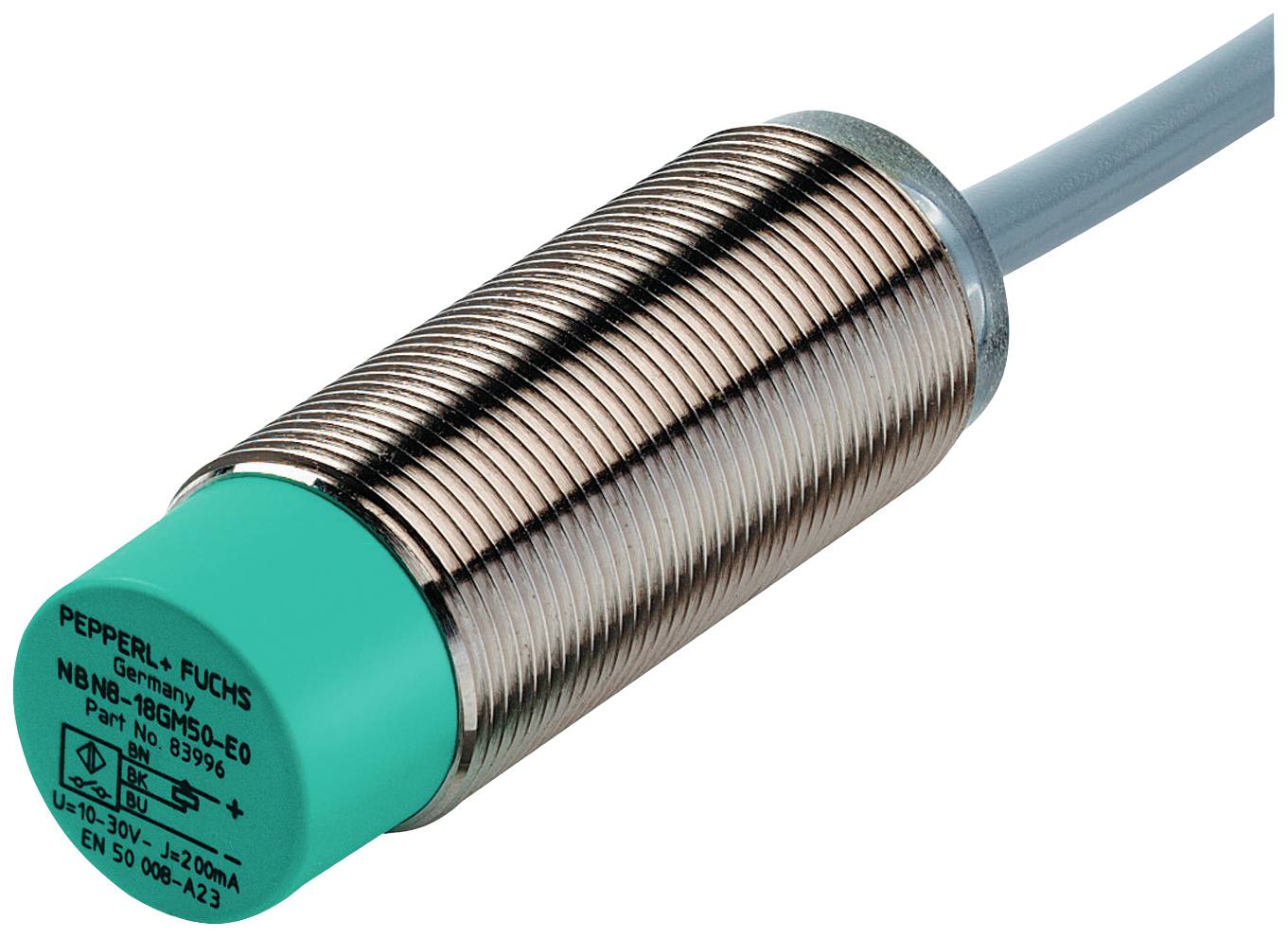 Ein zylindrischer Induktivsensor mit Kabel von Pepperl+Fuchs, bestehend aus einem Metallgehäuse und einer grünen Kunststoffspitze.