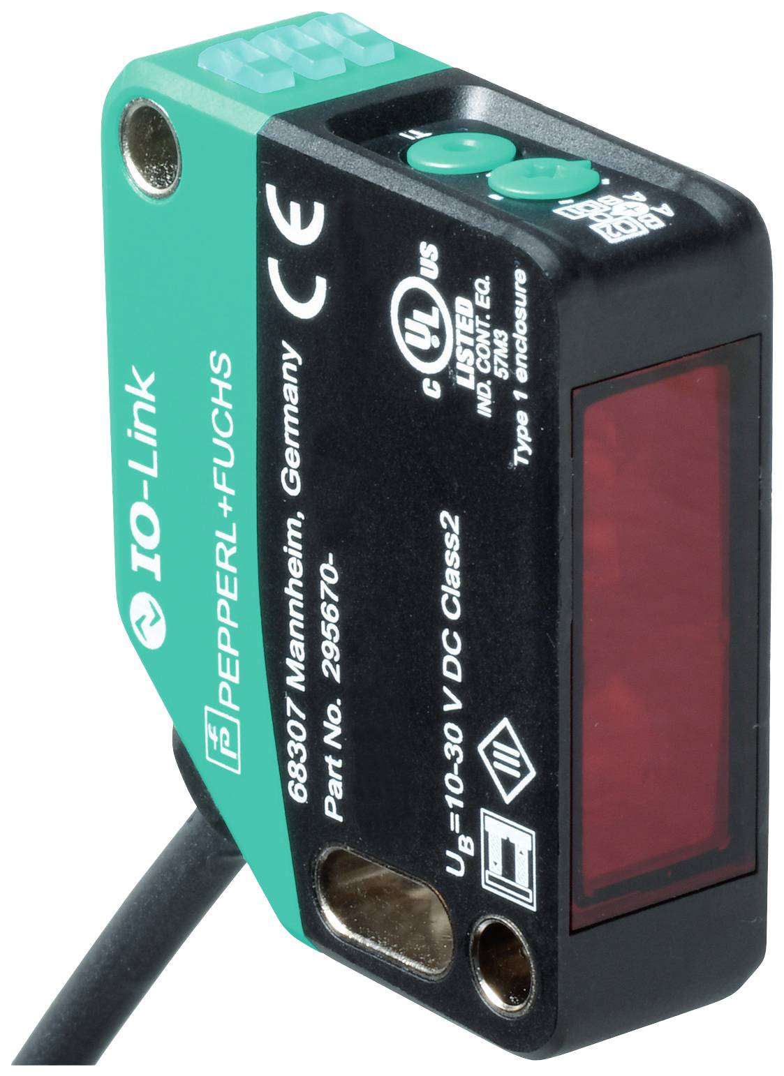 Ein rechteckiger, grüner und schwarzer Sensor von Pepperl+Fuchs mit IO-Link-Technologie, Modell Nr. 295670, für industrielle Anwendungen.
