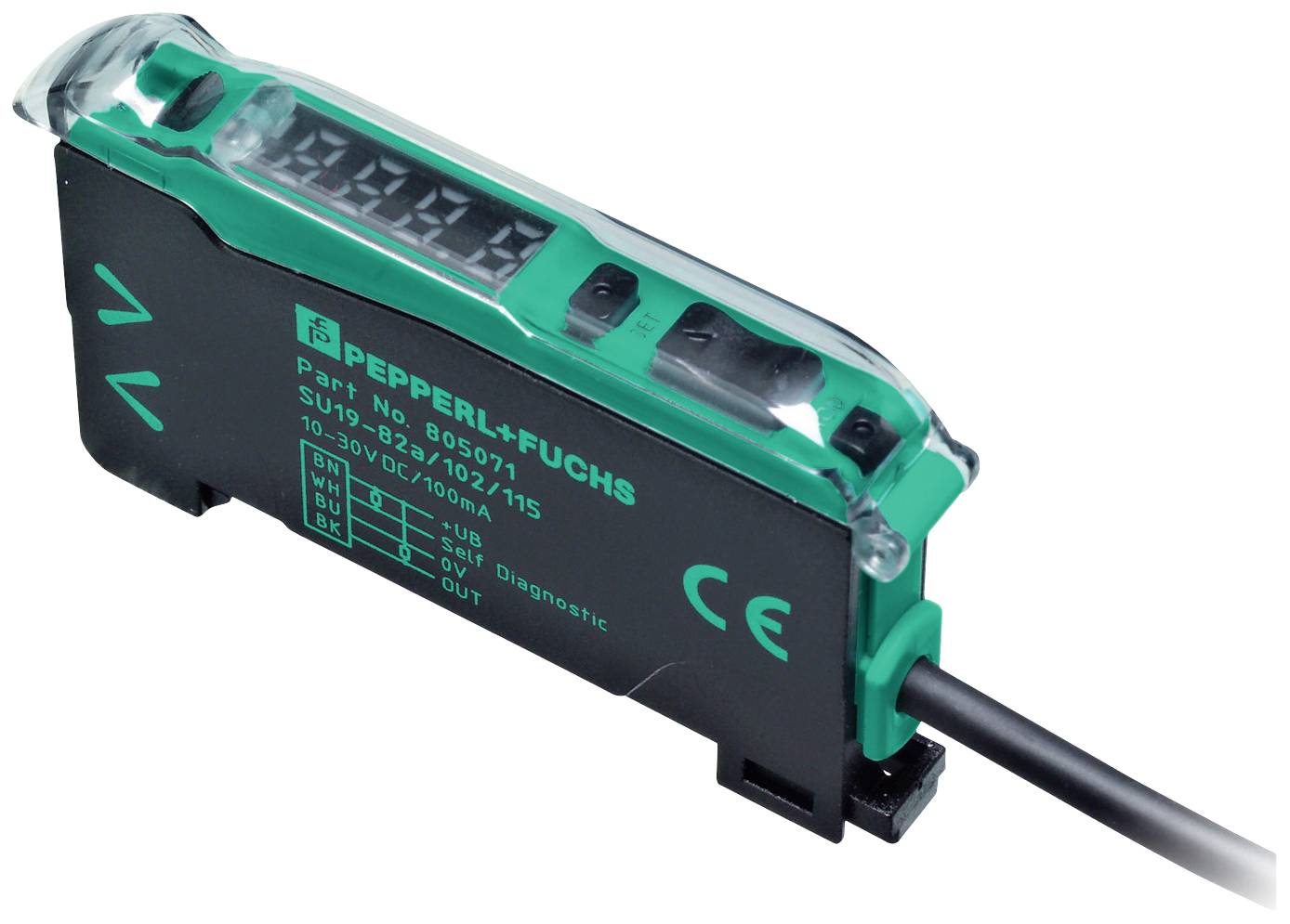 Ein schwarzer Sensor von Pepperl+Fuchs mit digitalem Display und Kabelanschluss. Markierungen für 'IN' und 'OUT' sind sichtbar.