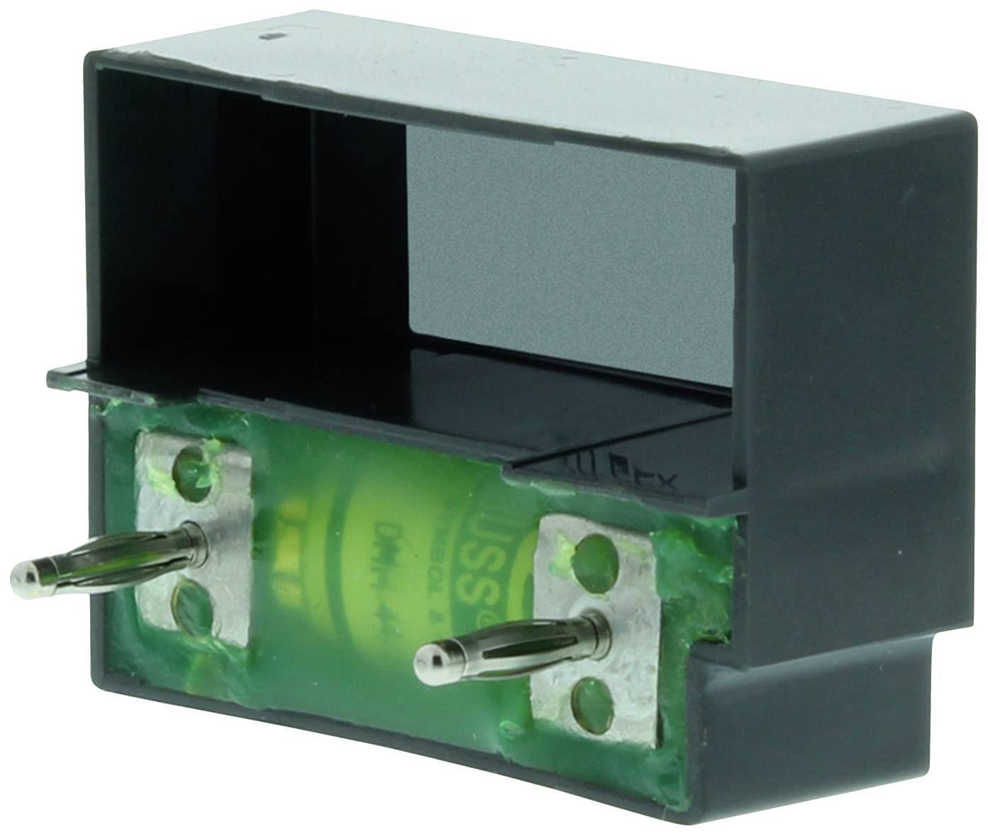 Elektrisches Bauteil mit zwei Metallstiften zur Befestigung. Rechteckige, dunkelgrüne Kunststoffhülle umschließt inneren Bereich.