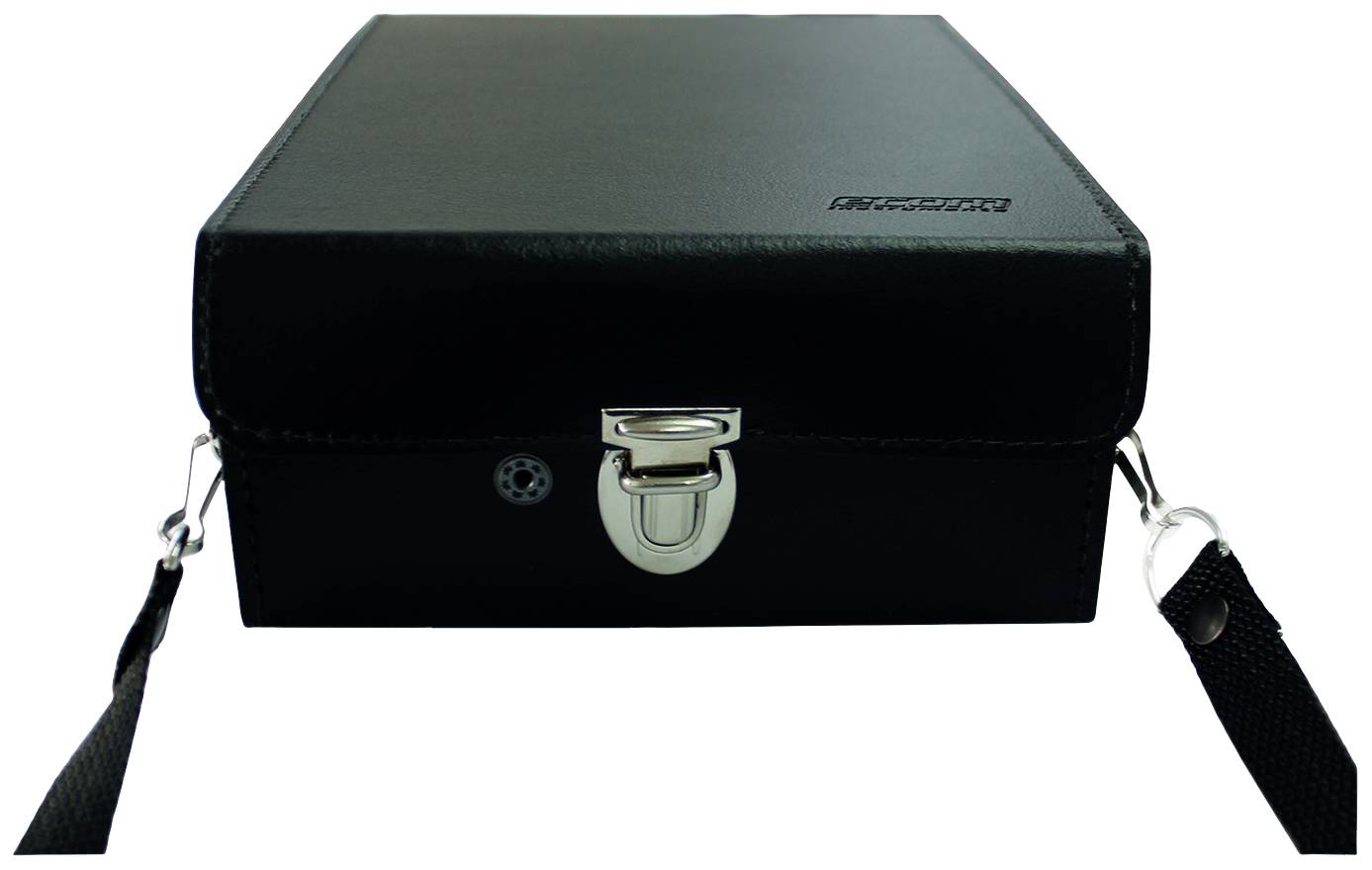 Eine schwarze Aktentasche aus Leder mit Verschluss und Trageriemen, geschlossen und bereit zum Transport.