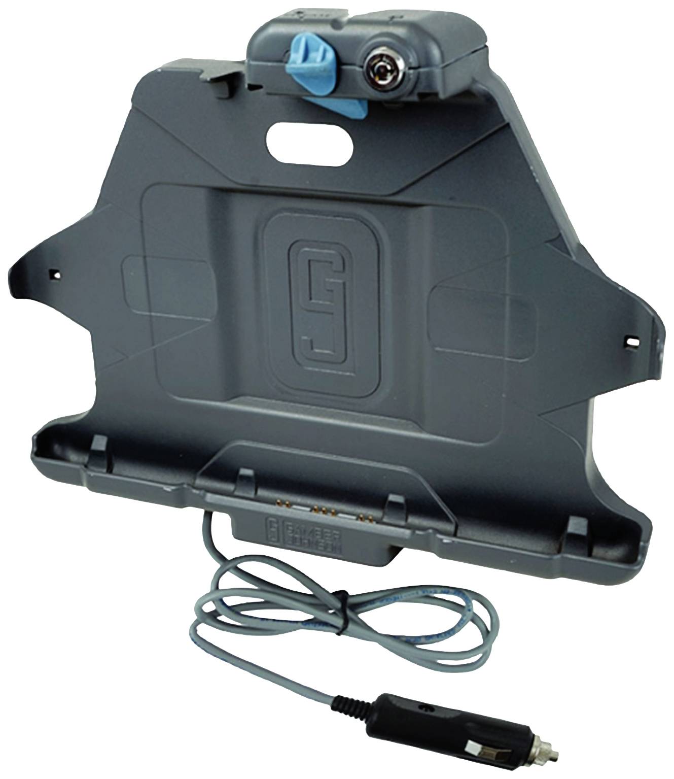 Ein grauer Auto-Ladeadapter mit einem Stecker am Kabelende. Oberer Abschnitt verfügt über einen blauen Verschlussmechanismus.
