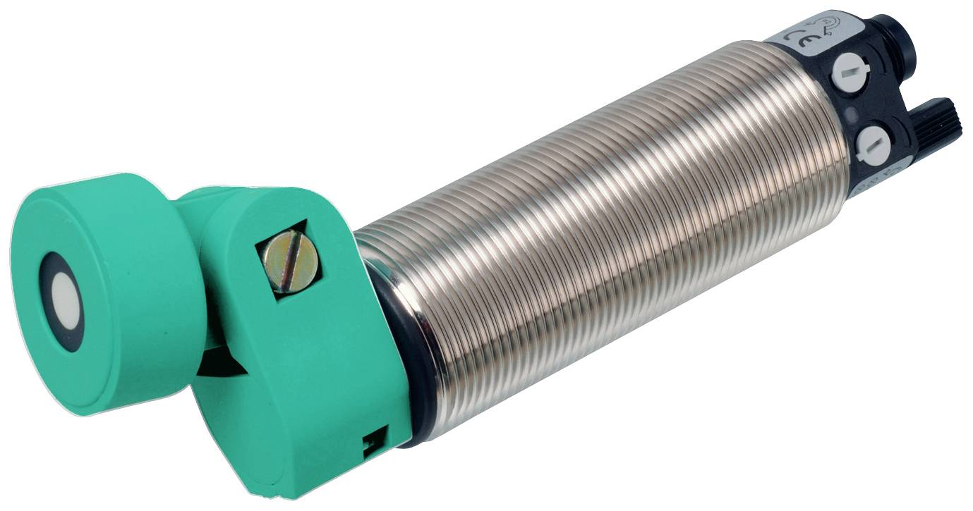 Ein induktiver Sensor mit zylindrischem Gehäuse und zwei grünen Endkappen, verwendet zur Erkennung von metallischen Objekten.