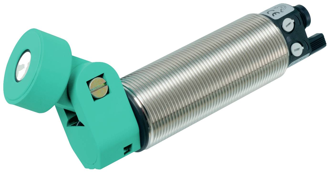 Ein zylindrischer Sensor mit einem grünen Kabelanschluss an der Seite. Gehäuse aus Metall, verwendet für industrielle Anwendungen.