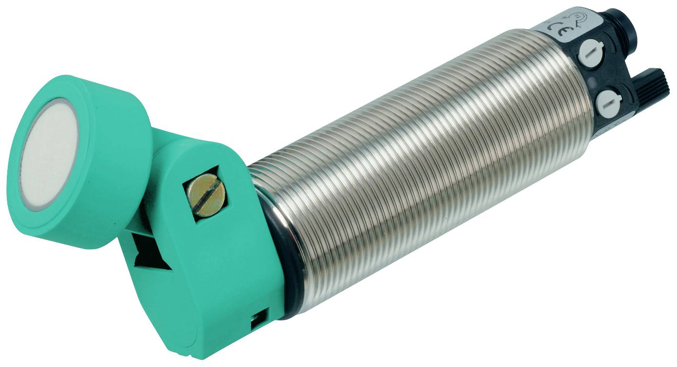 Ein zylindrischer, silberner Sensor mit grünem Kopf und Anschlüssen, verwendet zur Erkennung von Objekten in industriellen Anwendungen.
