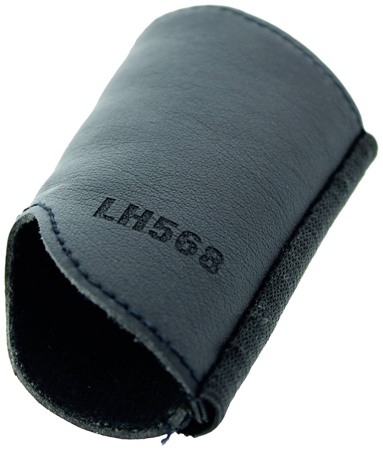 Schwarzer Lederaufsatz mit der Aufschrift 'LH568', dient dem Schutz oder Komfort eines Gegenstands, möglicherweise ergonomisch geformt.