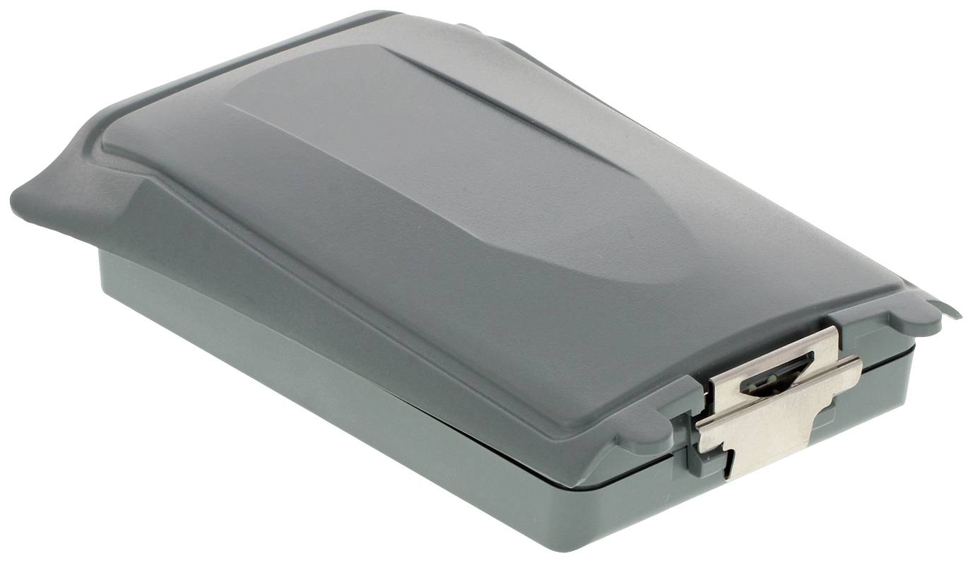 Graues Gehäuse mit Schnappverschluss, geeignet für den Schutz elektronischer Komponenten; robustes Design für industrielle Anwendungen.