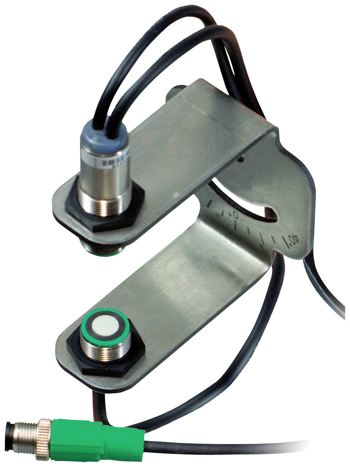 Industrieller Sensor mit Kabeln, an einer Halterung befestigt. Dient zur Erkennung von Objekten in Automatisierungsprozessen.