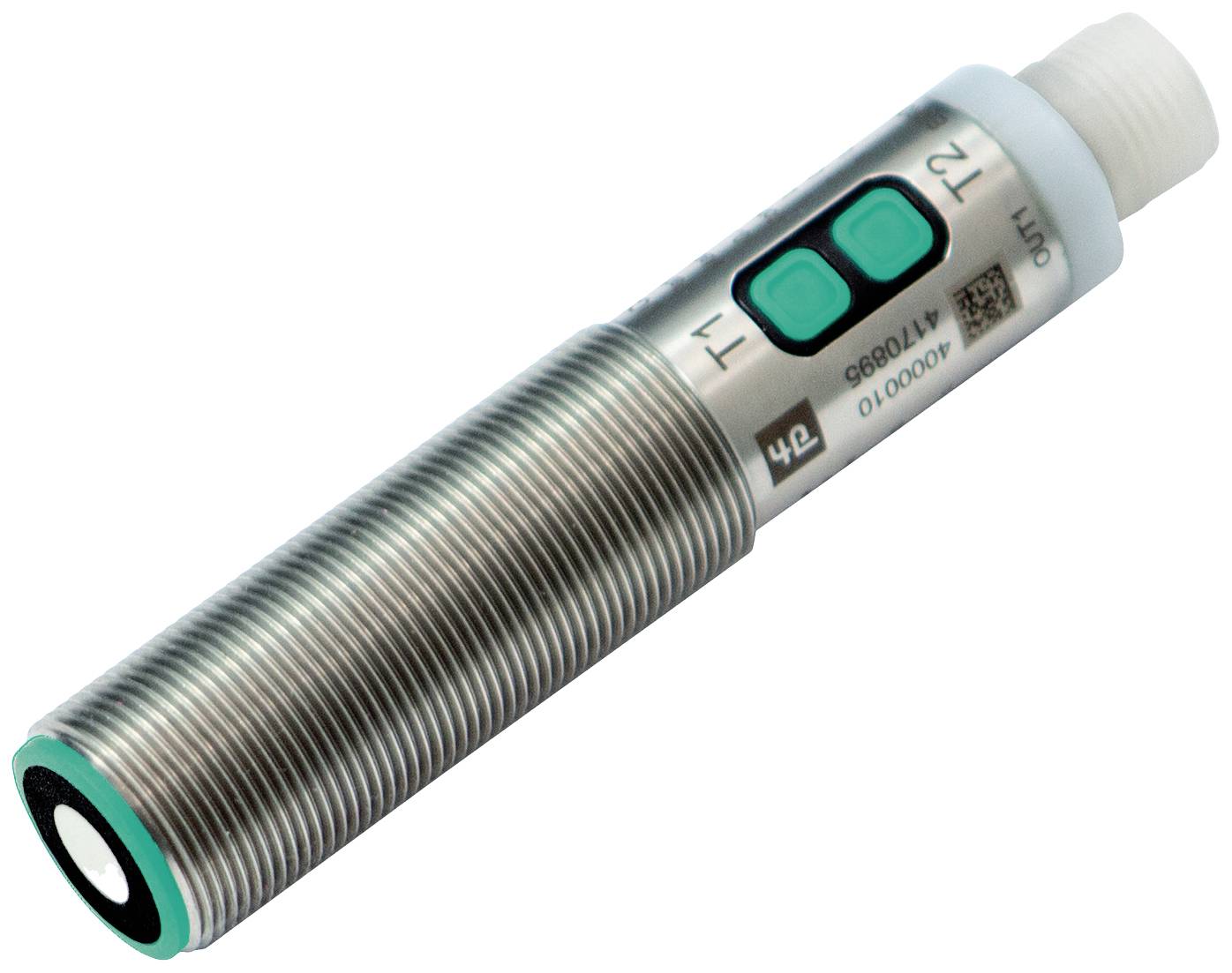 Zylindrischer Ultraschallsensor mit Gewinde, zwei grüne Tasten und LED-Anzeige.