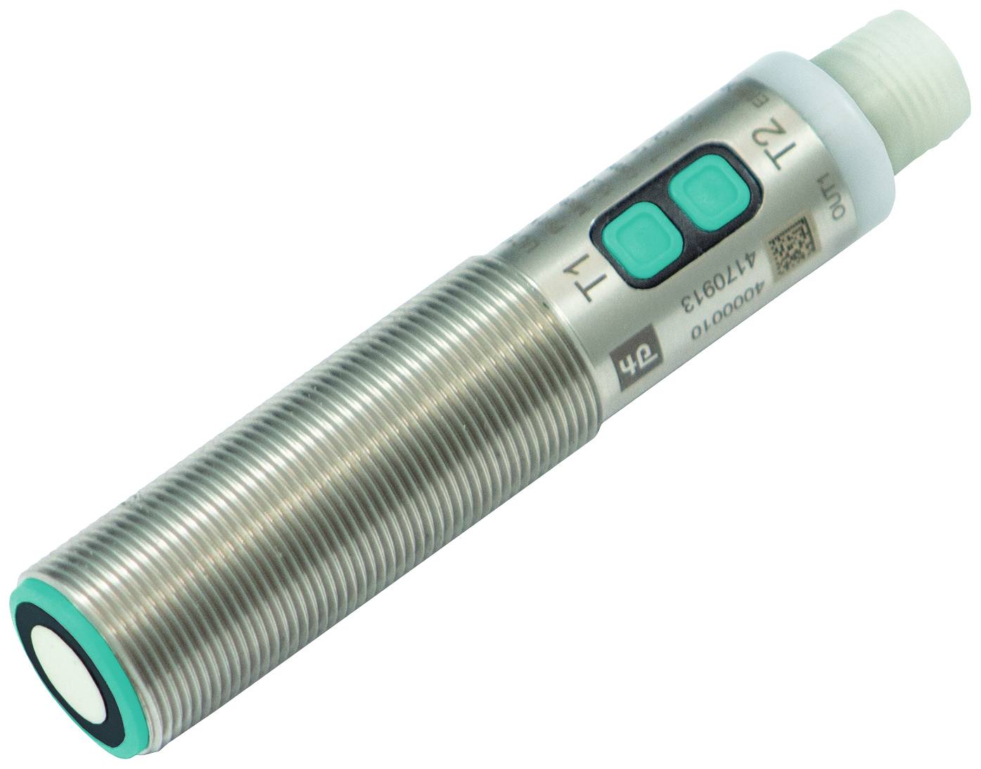 Ein zylindrischer Ultraschallsensor mit Metalleinfassung und zwei grünen Tasten auf der Oberseite, verwendet zur Abstandsmessung.