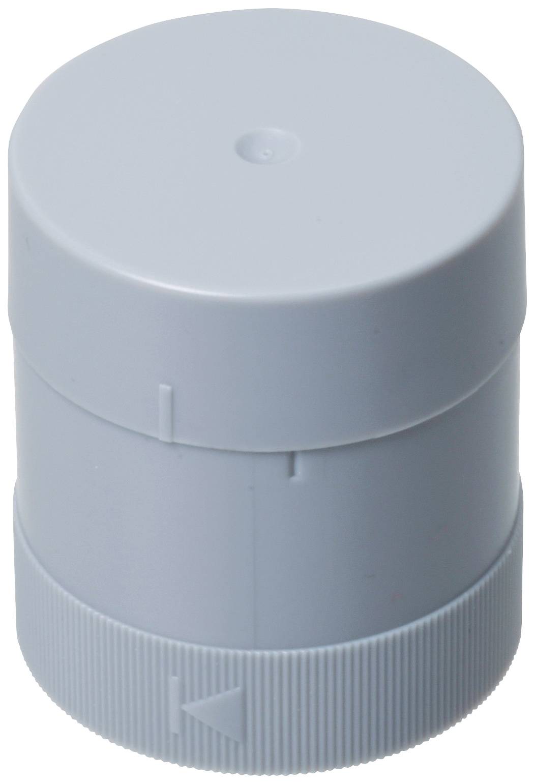 Zylindrisches, graues Kunststoffteil mit geriffeltem unteren Ende und glatter Oberseite, das als Drehverschluss fungieren könnte.