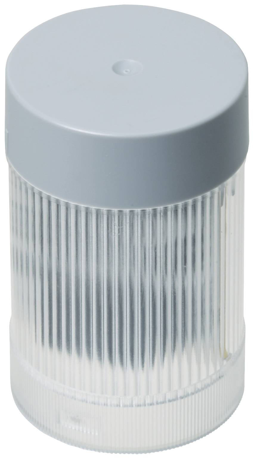 Durchsichtiger Behälter mit geriffelter Oberfläche und grauem Deckel.