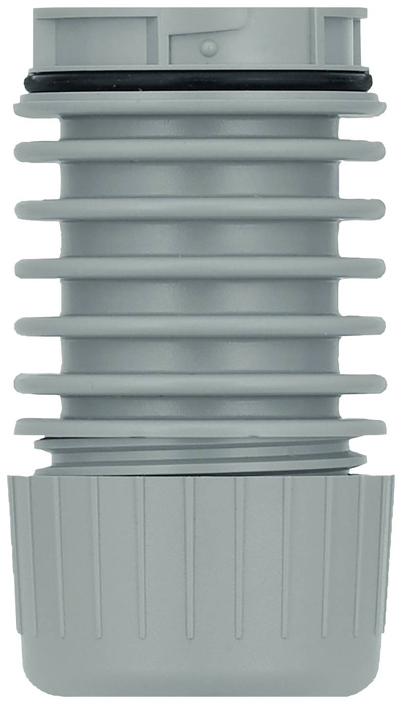 Ein graues, geripptes Bauteil mit rechteckiger Oberseite und runder, geriffelter Unterseite. Möglicherweise Teil eines Rohrs.