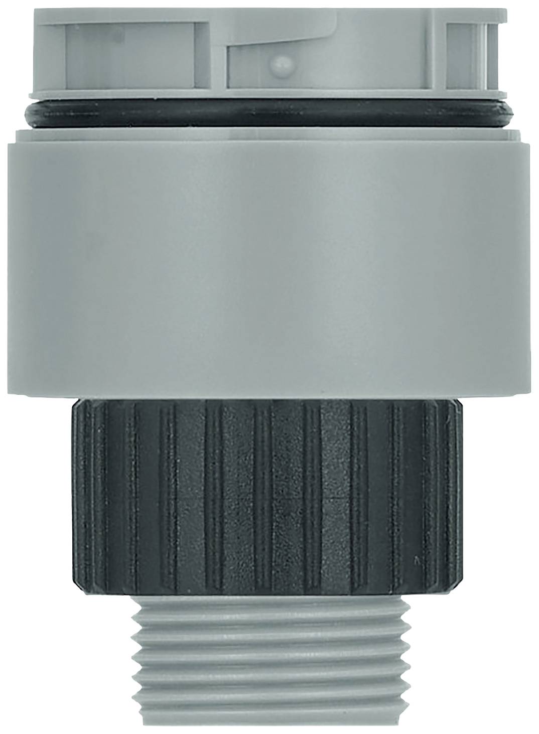 Grauer Kunststoffanschluss mit schwarzem geripptem mittleren Ring und Gewinde unten. Mögl. verwendet für Rohre oder Schläuche.