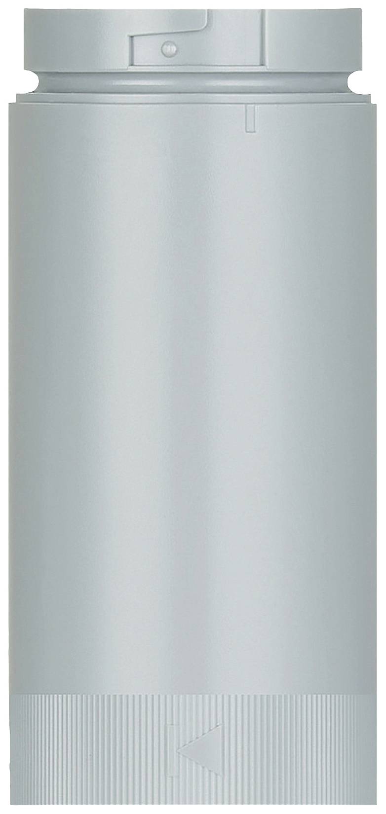 Graue, zylindrische Verpackung mit geriffelter Unterseite, vermutlich für ein Sprayprodukt.