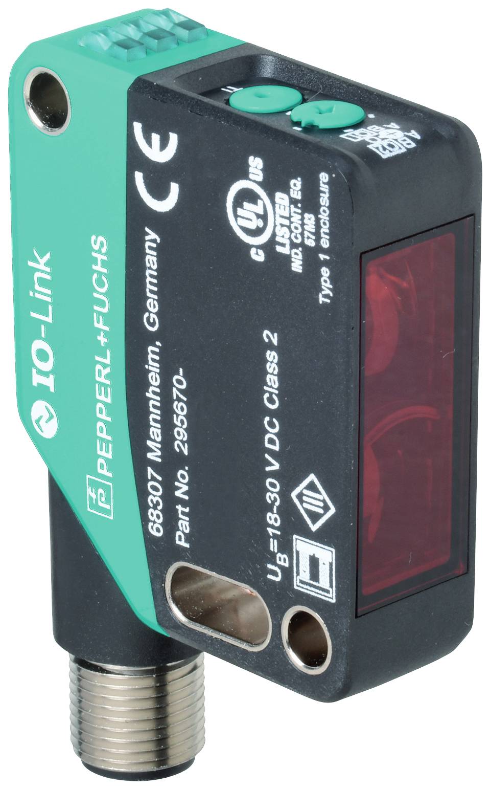 Ein rechteckiger Sensor mit grüner Oberseite und schwarzem Gehäuse zeigt technische Informationen und Zertifizierungslogos.