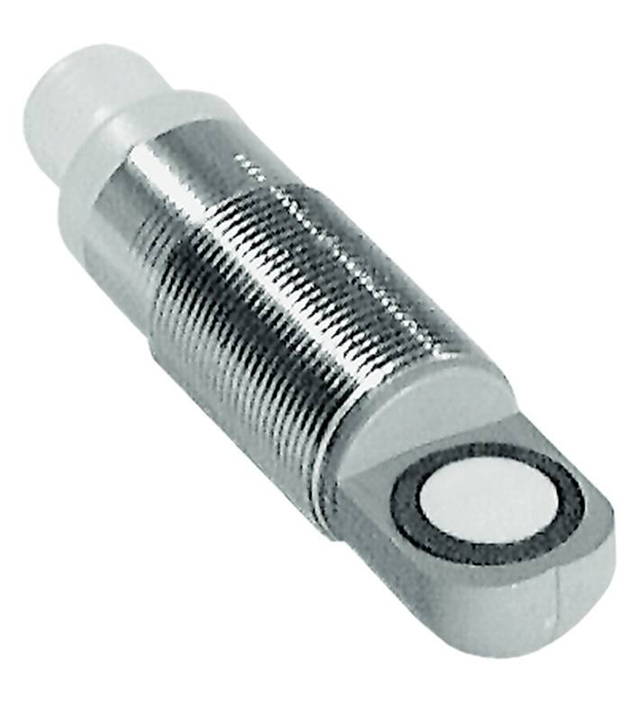 Silberfarbener zylindrischer Ultraschallsensor mit gewindeförmigem Gehäuse und rundem weißen Sensorbereich an der Vorderseite.