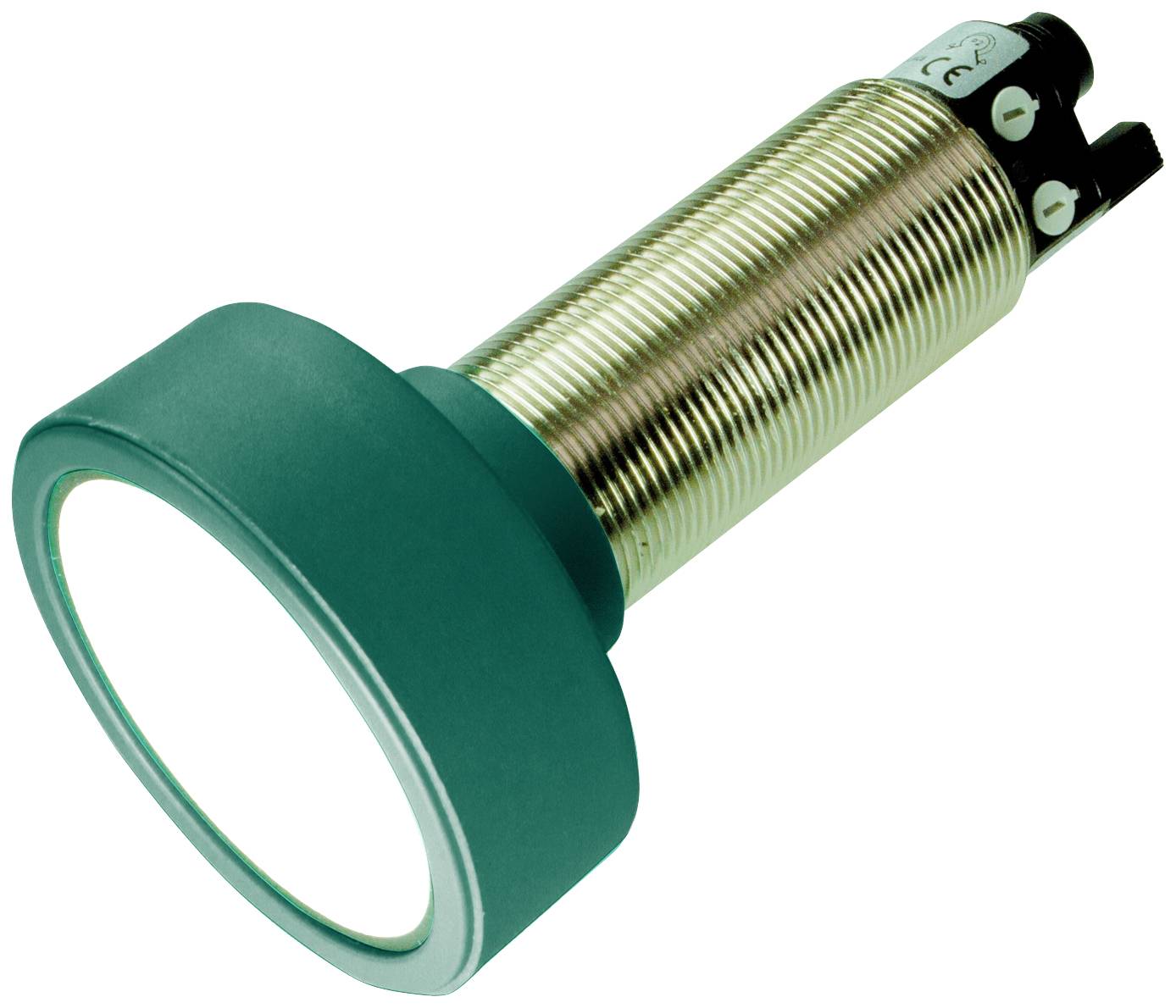 Ein zylindrischer Sensor mit einem grünen Kopf und einem metallischen Gewinde zur Befestigung; wird in industriellen Anwendungen verwendet.