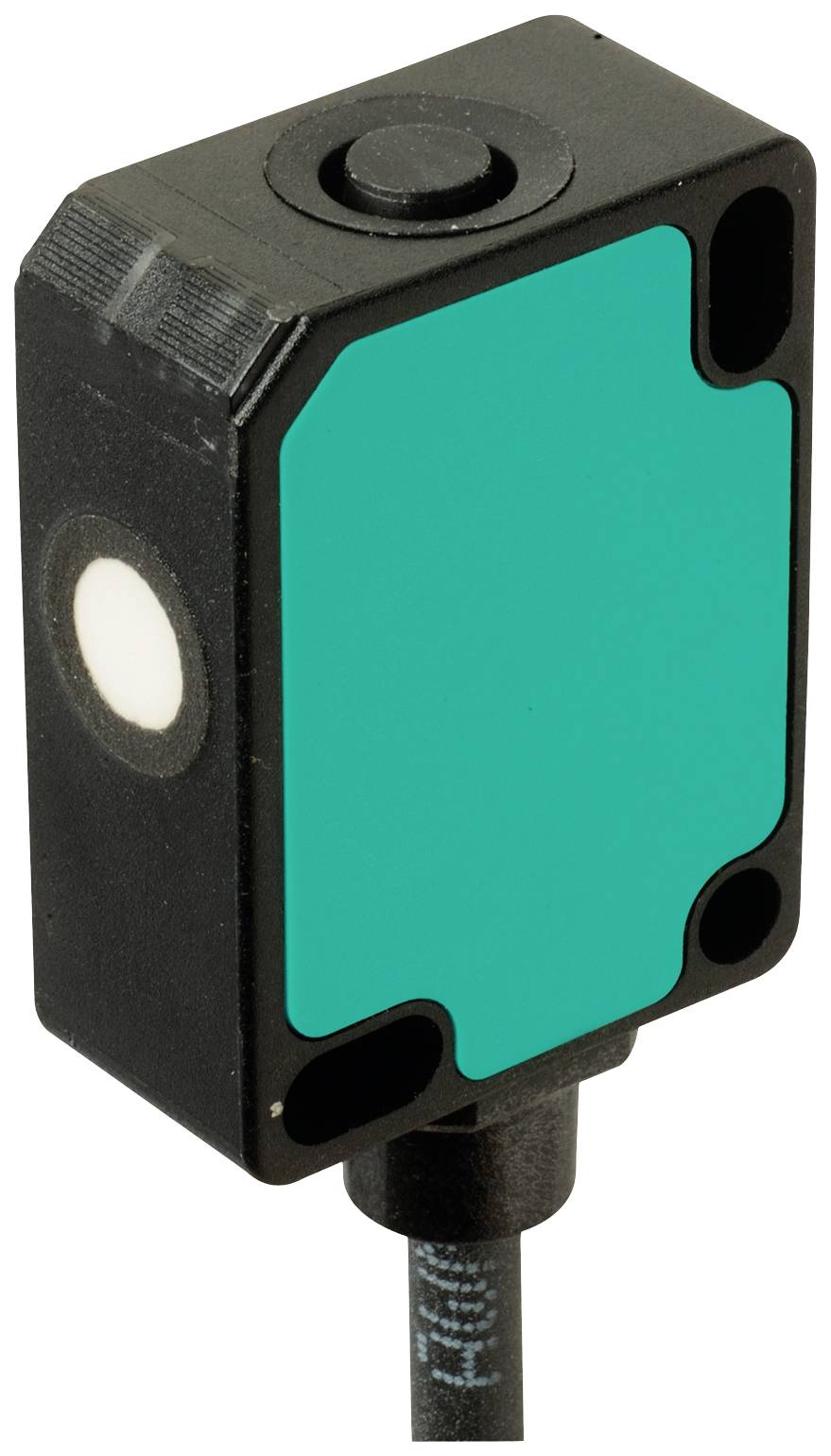 Ein rechteckiger, kompakter Sensor mit schwarzem Gehäuse und großer, grüner Fläche auf der Vorderseite, Kabelverbindung unten.