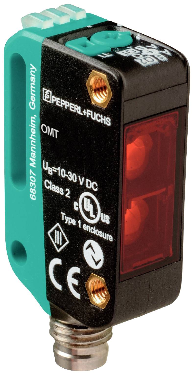 Ein rechteckiger Sensor von Pepperl+Fuchs in Schwarz und Türkis, mit Sicherheitszertifizierungen aufgedruckt und einem roten Lichtfenster.