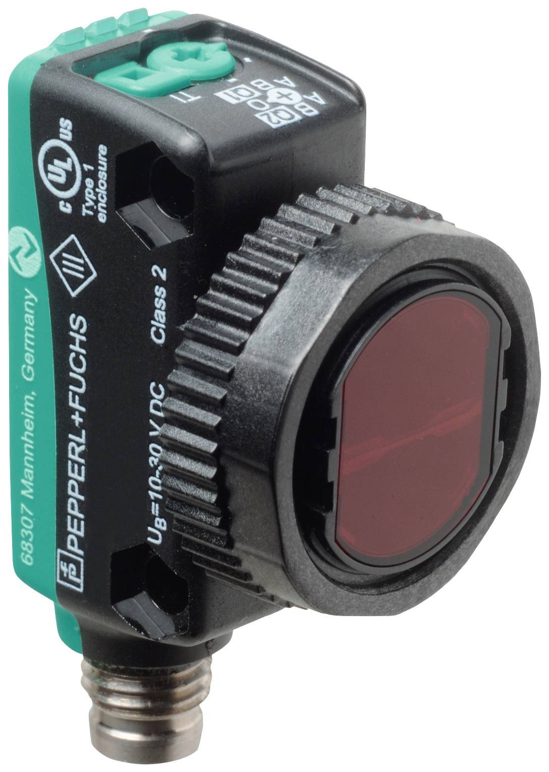 Ein rechteckiger Sensor mit schwarzem Gehäuse und rotem Lichtfenster. Markenname 'Pepperl+Fuchs' auf der Seite aufgedruckt.