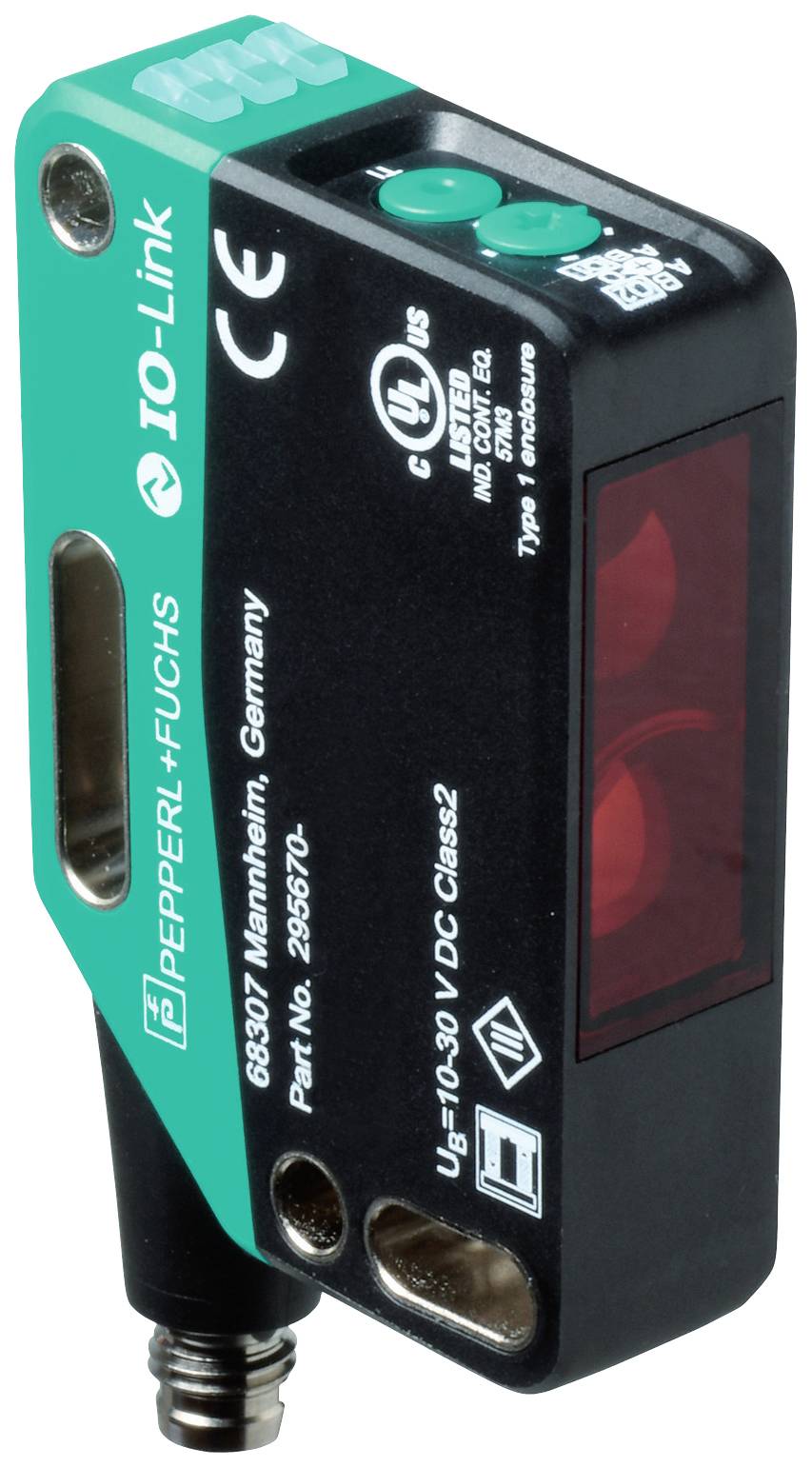 Ein kompakter, rechteckiger Sensor mit grüner und schwarzer Gehäusefarbe. Er hat eine rote Lichtöffnung und CE-, UL- sowie andere Zertifizierungszeichen.