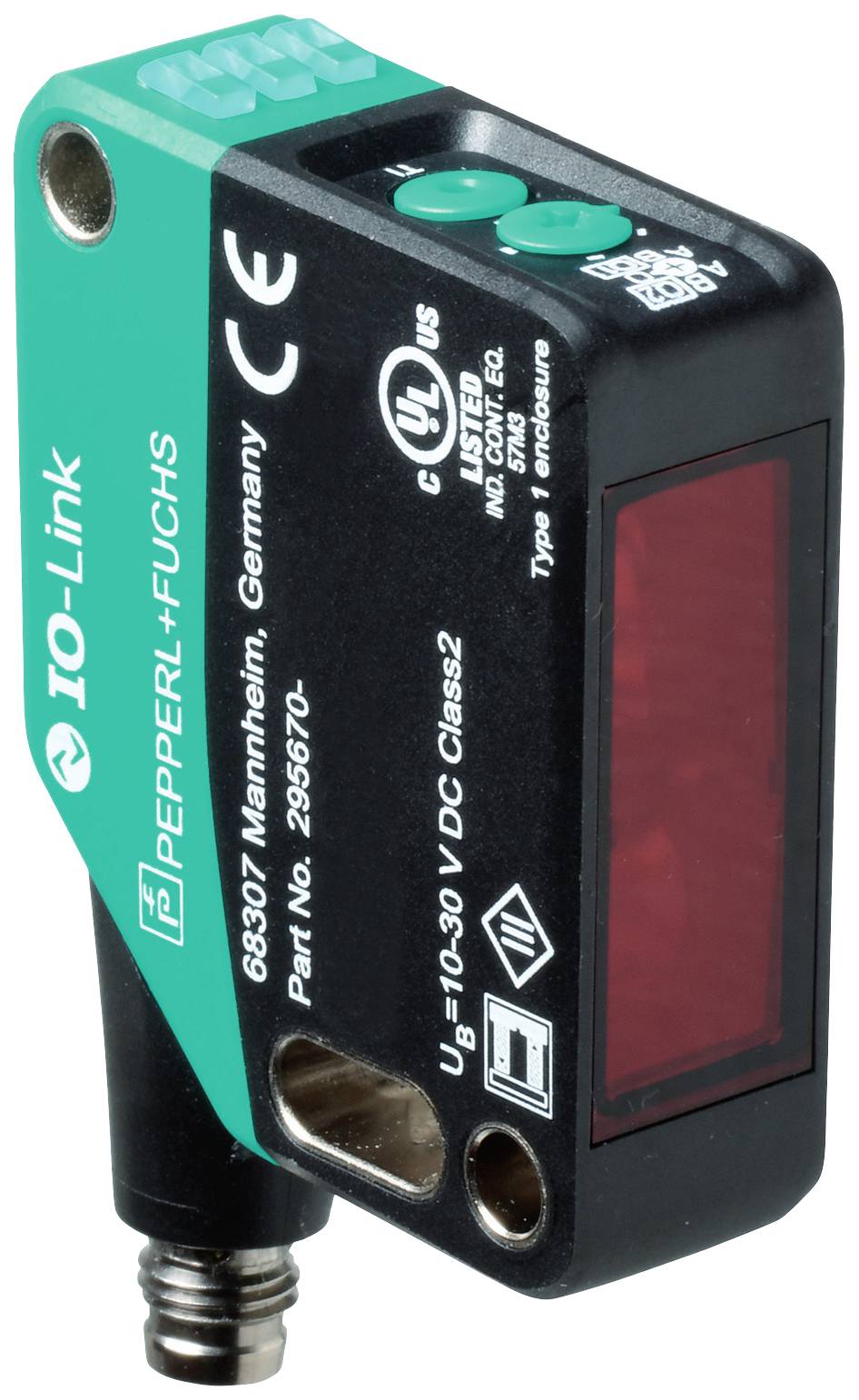 Optischer Sensor von Pepperl+Fuchs mit IO-Link-Technologie, Modellnummer 295670, für industrielle Anwendungen.