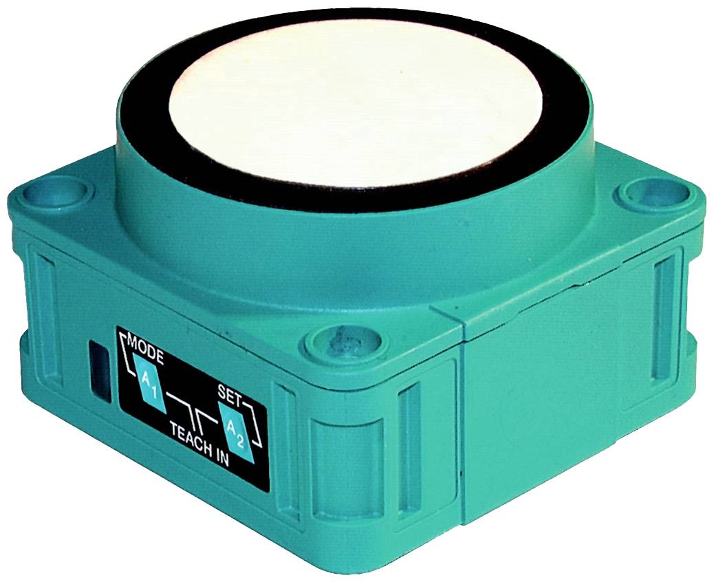 Ein blauer Ultraschallsensor mit drei Tasten: 'Mode', 'Set', 'Teach In', und zwei LEDs 'A1' und 'A2' auf der Vorderseite.