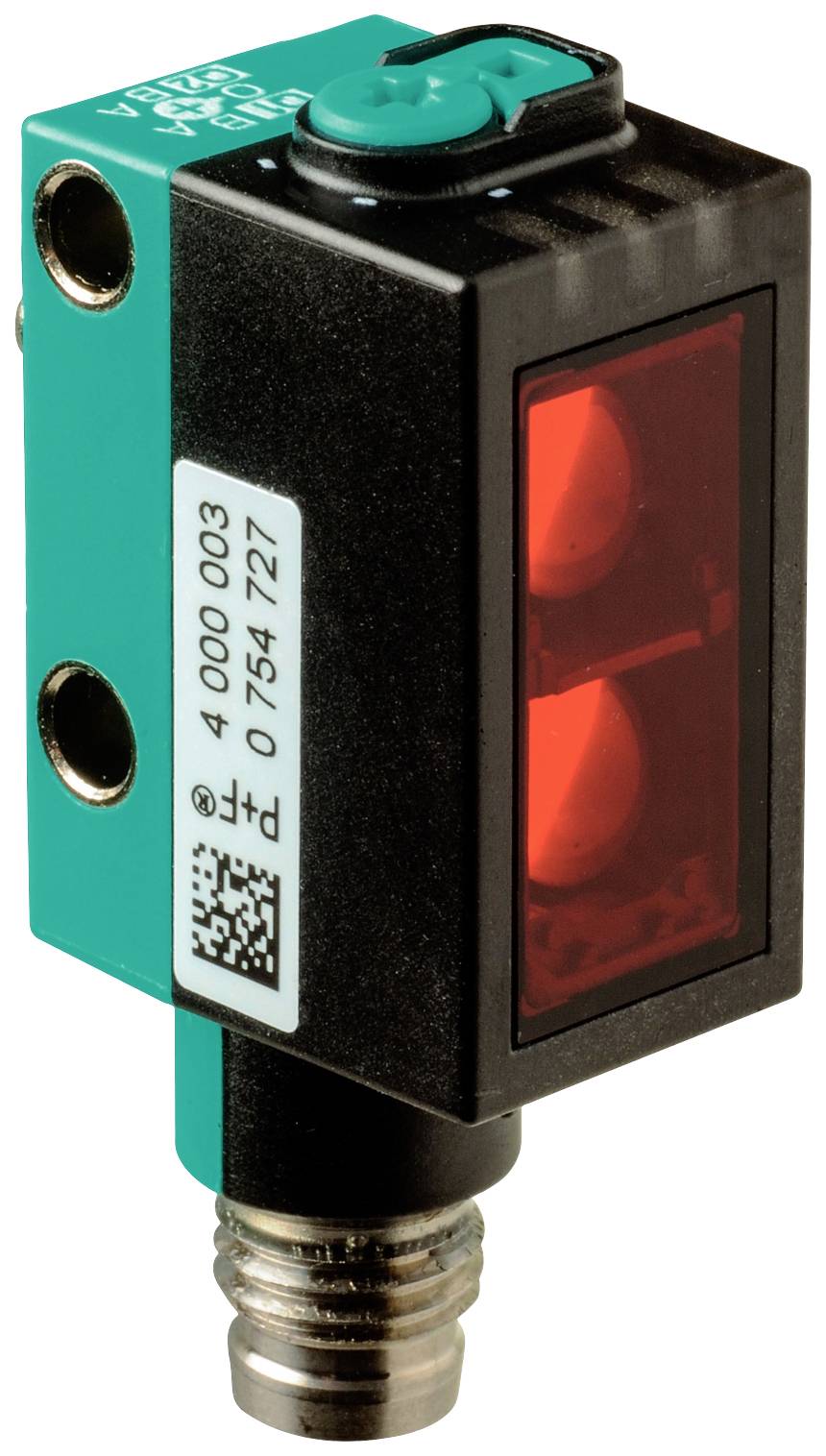 Ein rechteckiger, industrieller Sensor mit einem grünen Knopf oben und einer rot beleuchteten Fläche an der Vorderseite.