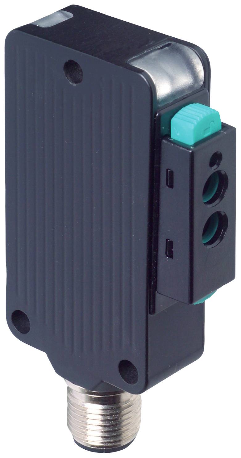 Ein schwarzer rechteckiger elektrischer Sensor mit grünem Knopf und Metallanschluss.
