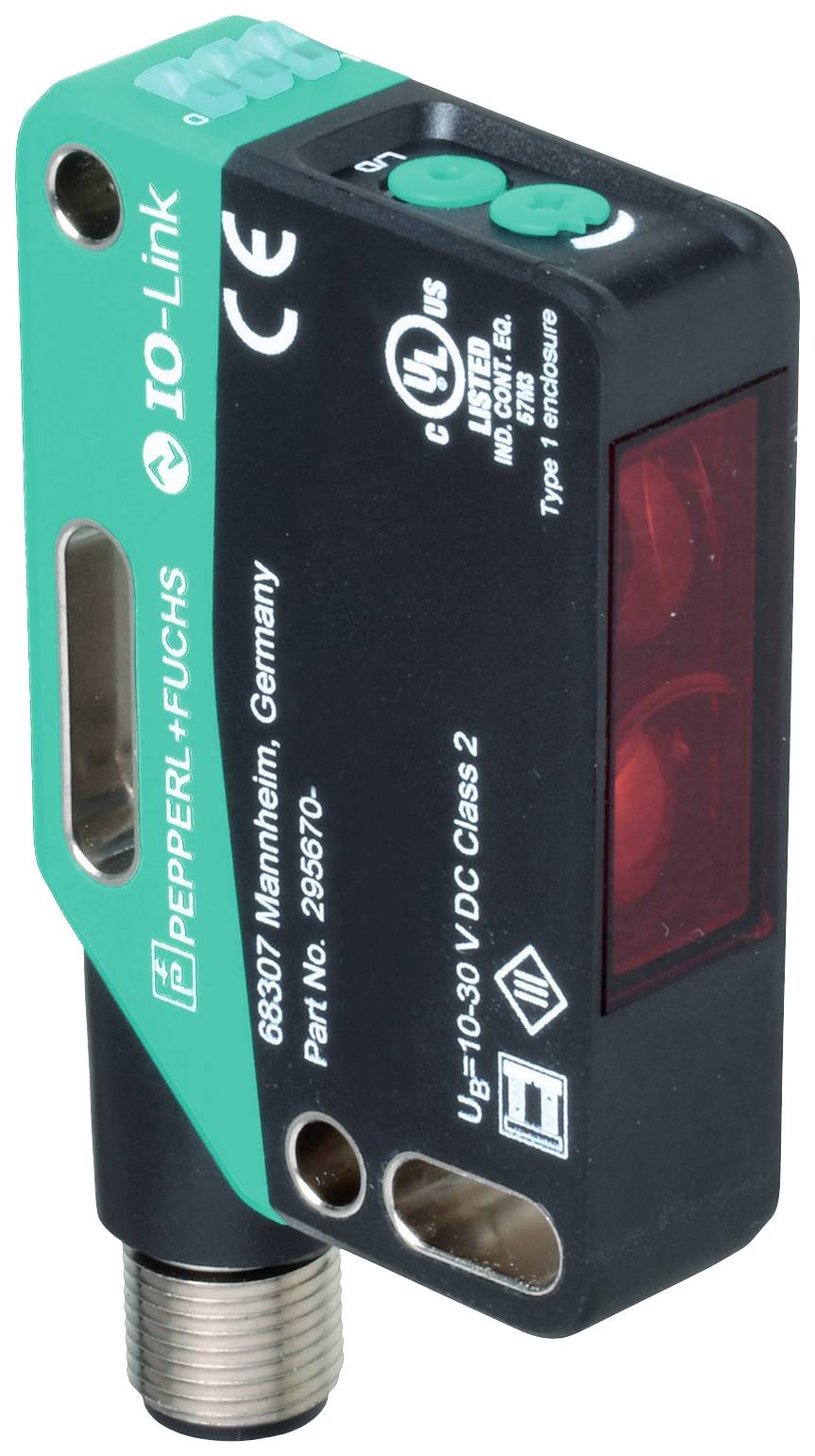 Ein rechteckiger Sensor von Pepperl+Fuchs mit IO-Link-Technologie, Modellangaben und Prüfzeichen.