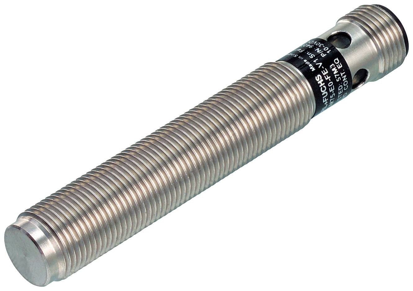 Zylindrischer Metallsensor mit gewindeförmiger Oberfläche und schwarzem Etikett; dient zur Erkennung von Objekten in industriellen Anwendungen.