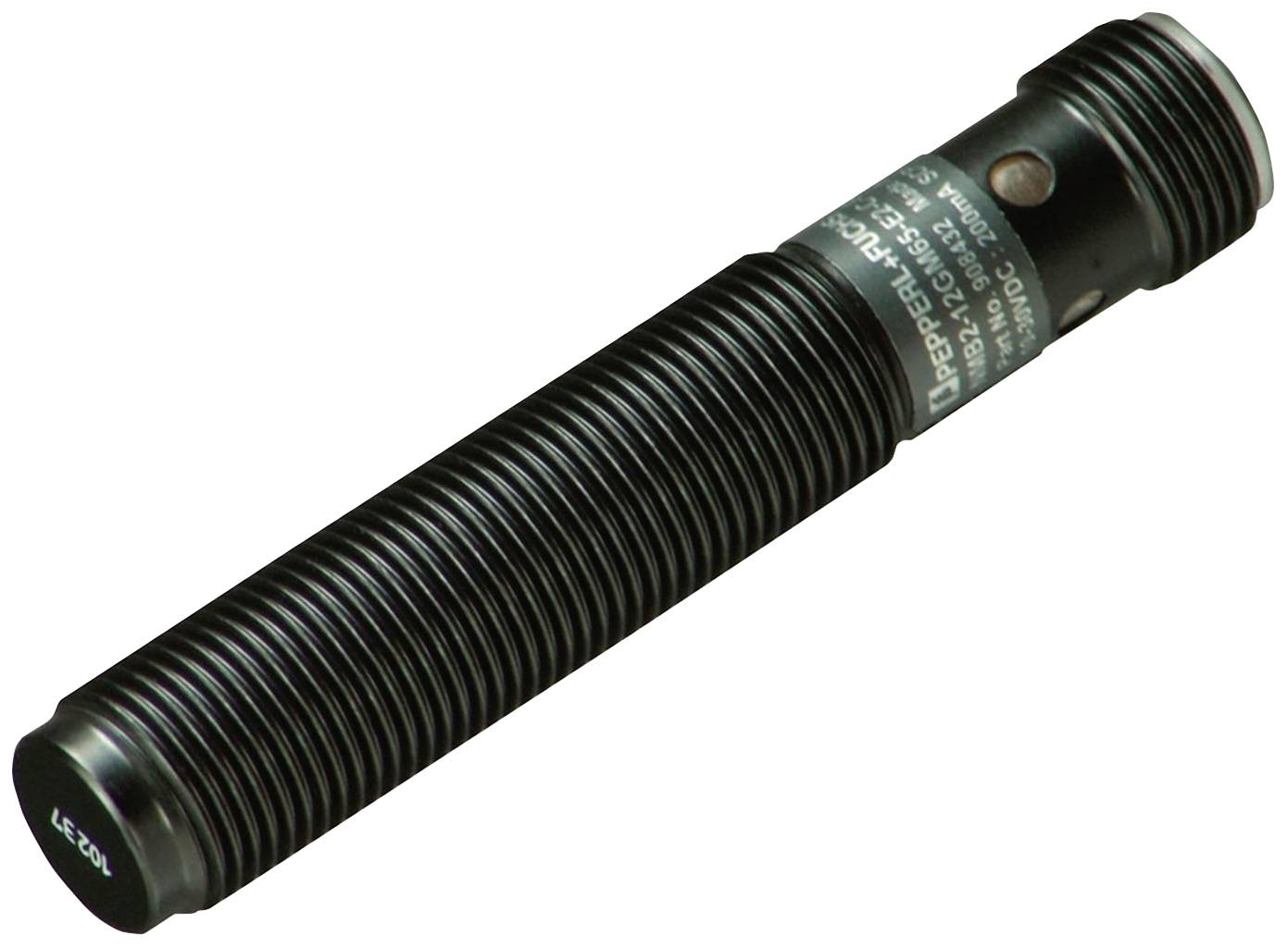 Zylindrischer Stoßdämpfer mit schwarzer Oberfläche und Etikett. Verwendet in Maschinen zur Dämpfung von Bewegungen und Vibrationen.