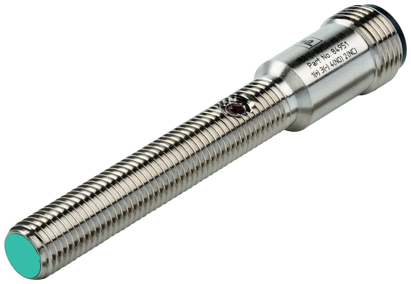 Ein zylindrischer Näherungssensor aus Metall mit geripptem Gehäuse und einem einzelnen Kabelanschluss.
