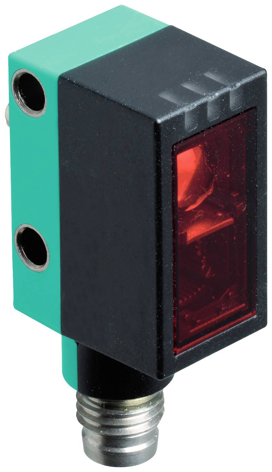 Elektronischer Sensor mit schwarzem Gehäuse und rotem Lichtfeld, geeignet für technische Anwendungen.